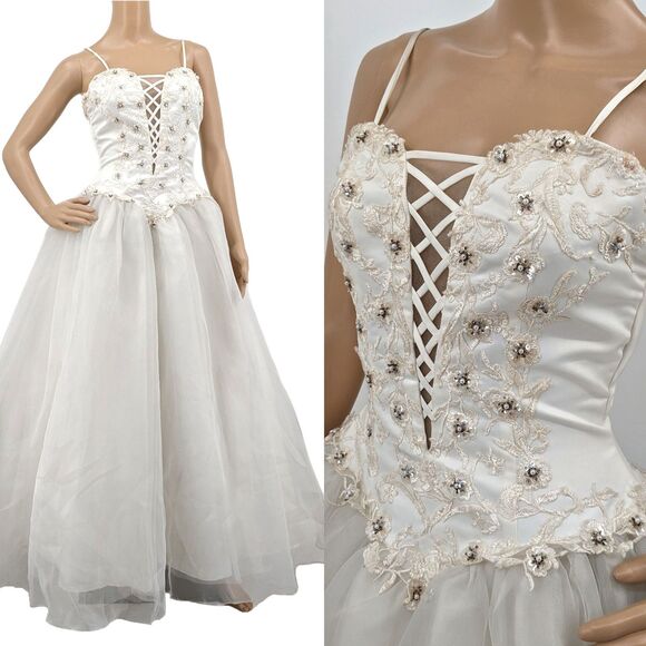 Vintage 1990s y2k Artemis Ballgown Prom Formal Ivory Beaded Princess Dress 8 - Picture 1 of 16
